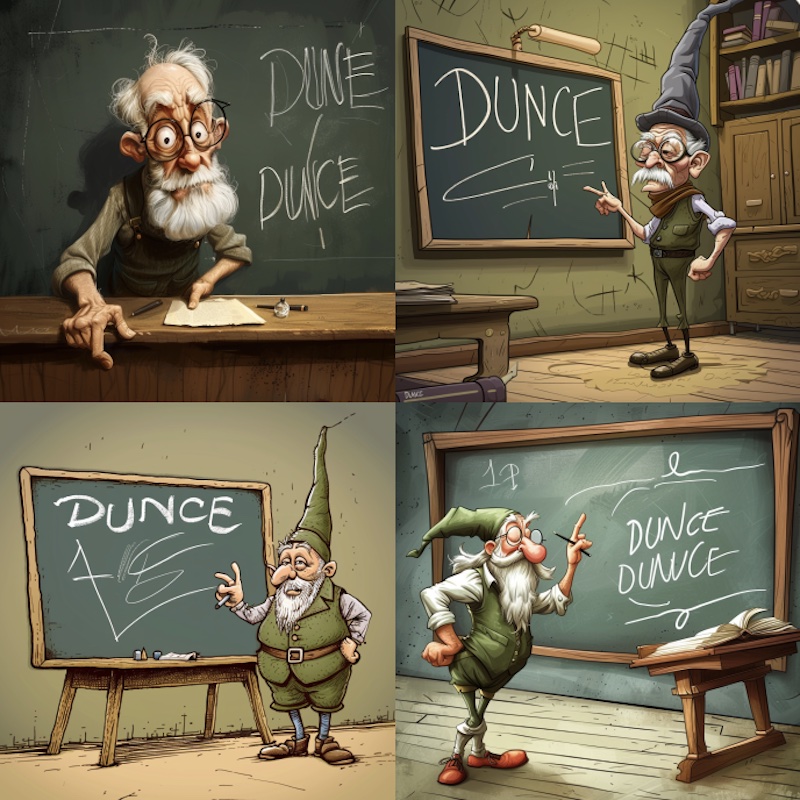 Midjourney cartoon with dunce written on board