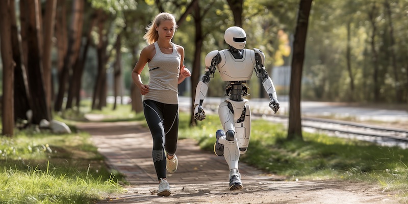 Runner out with her humanoid robot trainer