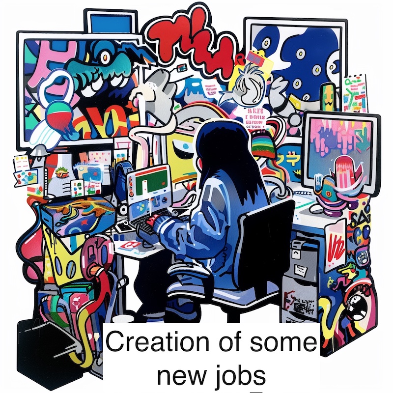 cartoon with person at colourful computer screen