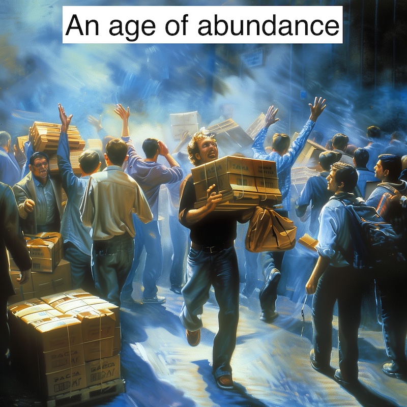 cartoonish image of crowd carrying boxes