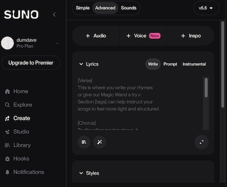 a screenshot of Suno Advanced mode page