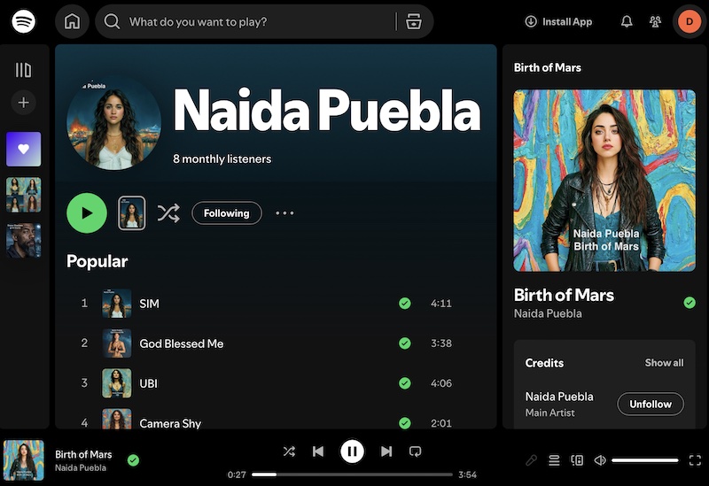 a screenshot of Spotify page for Naida Puebla