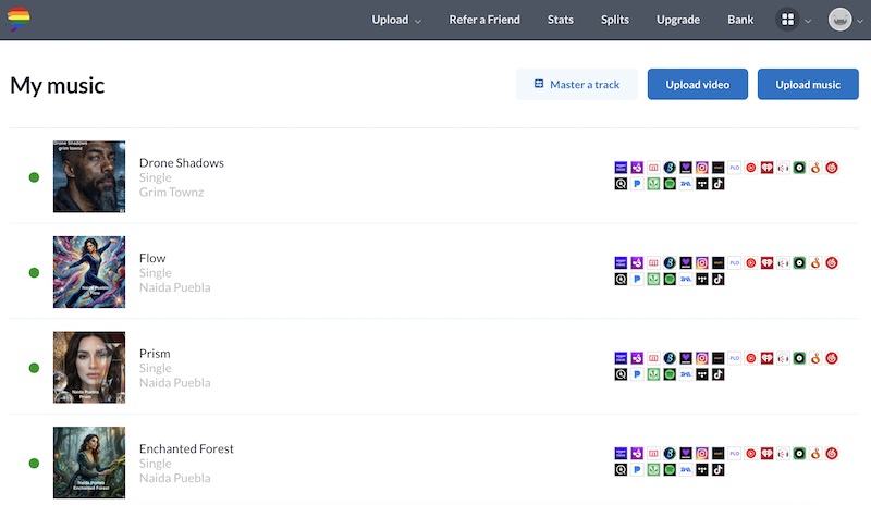 a screenshot of Distrokid page for Naida Puebla and Grim Townz