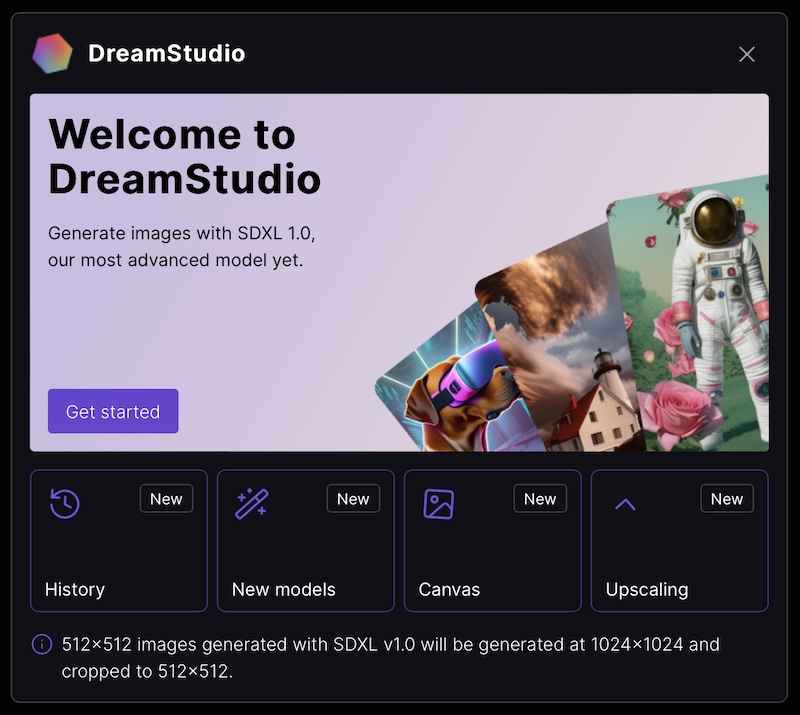 trial welcome page for DreamStudio